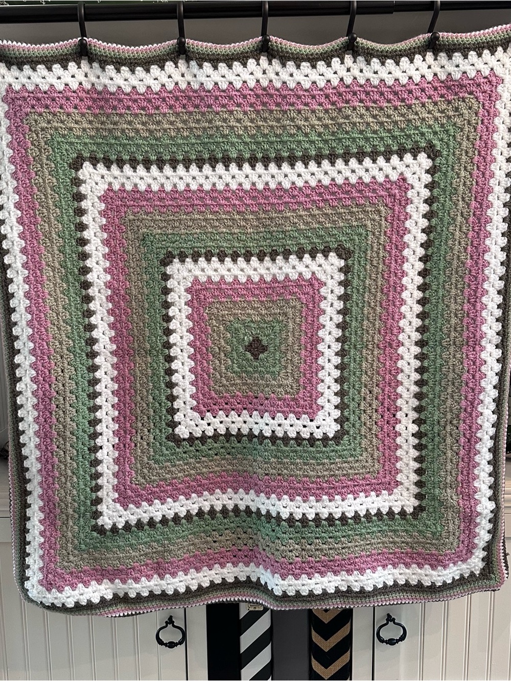 Handmade Crochet Granny Square Blanket in Pink, Sage & White Approx 35x35in